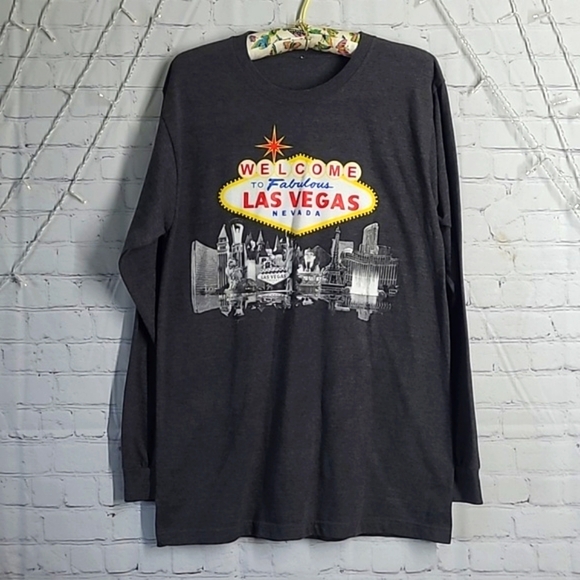 Las Vegas Strip Nevada Casual Gray Graphic Print Long Sleeve Tee Men's Size 2XL - Picture 3 of 17